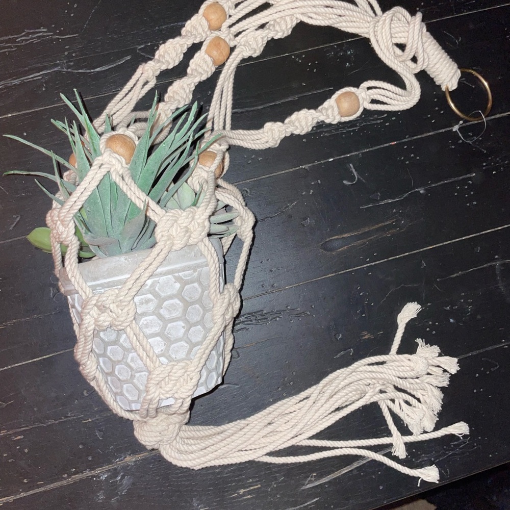 Elegant Macrame Hanger with Faux Succulent in Gray Pot